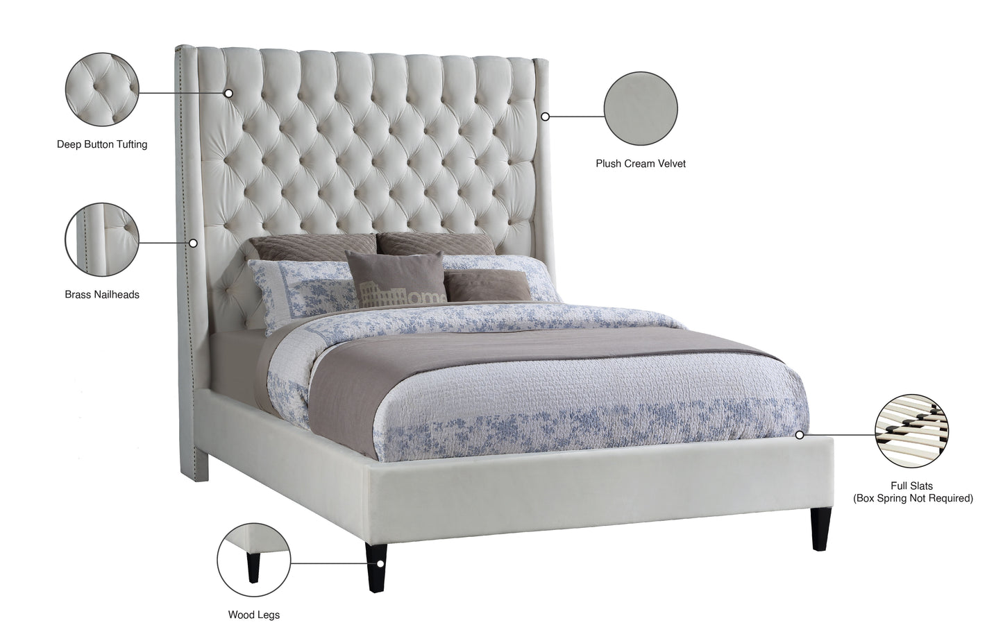 niagara cream velvet queen bed q