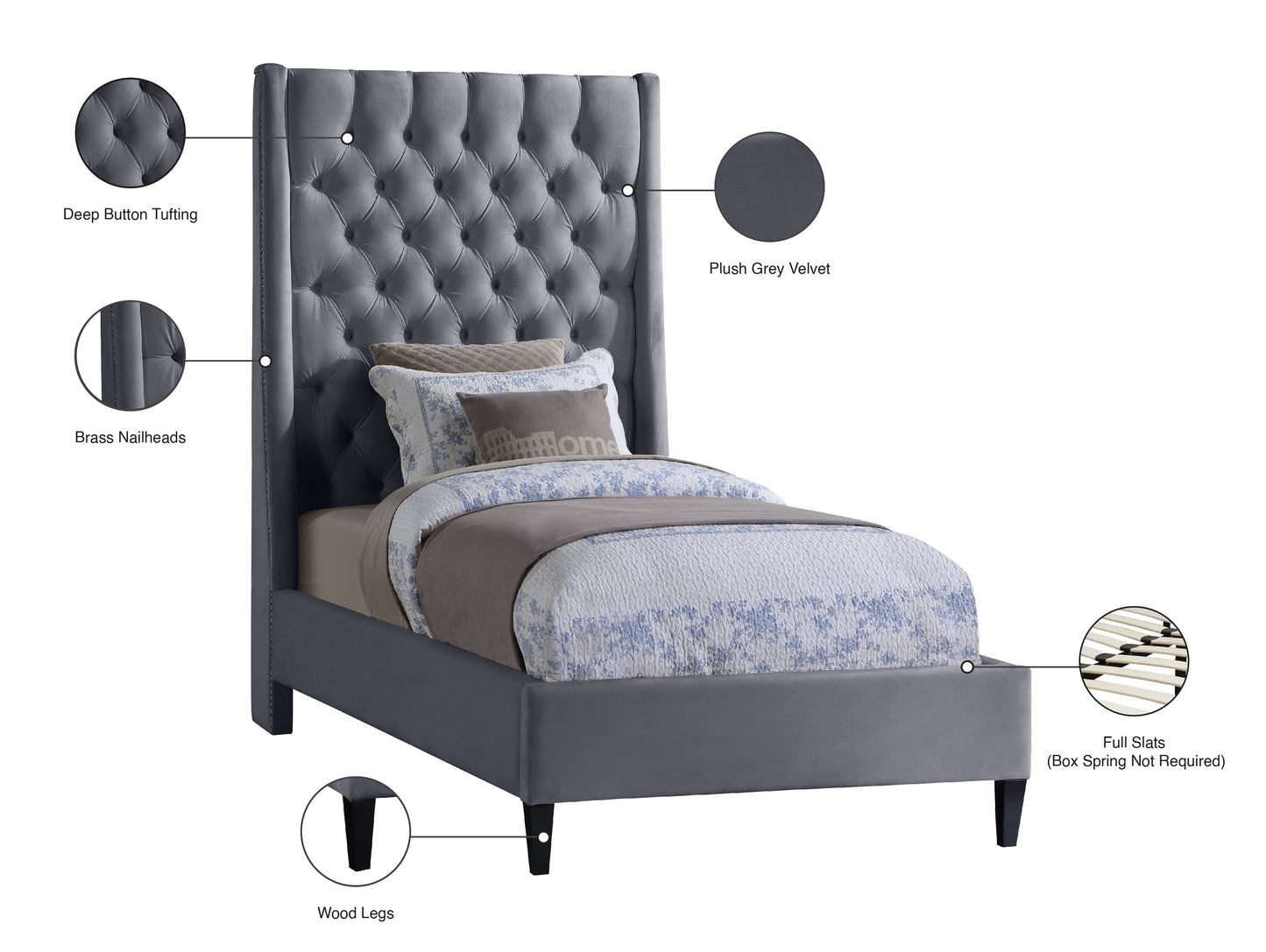 niagara grey velvet twin bed t