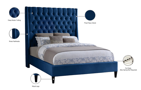 Amara Navy Velvet Upholstered Full Bed, 1 Piece (Style 2)