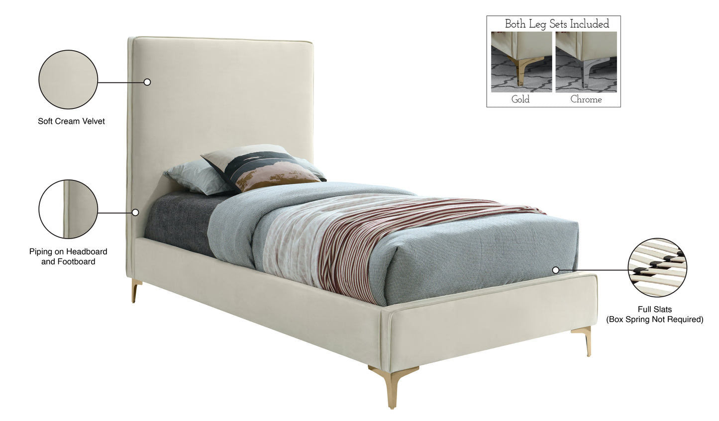 finley cream velvet twin bed t