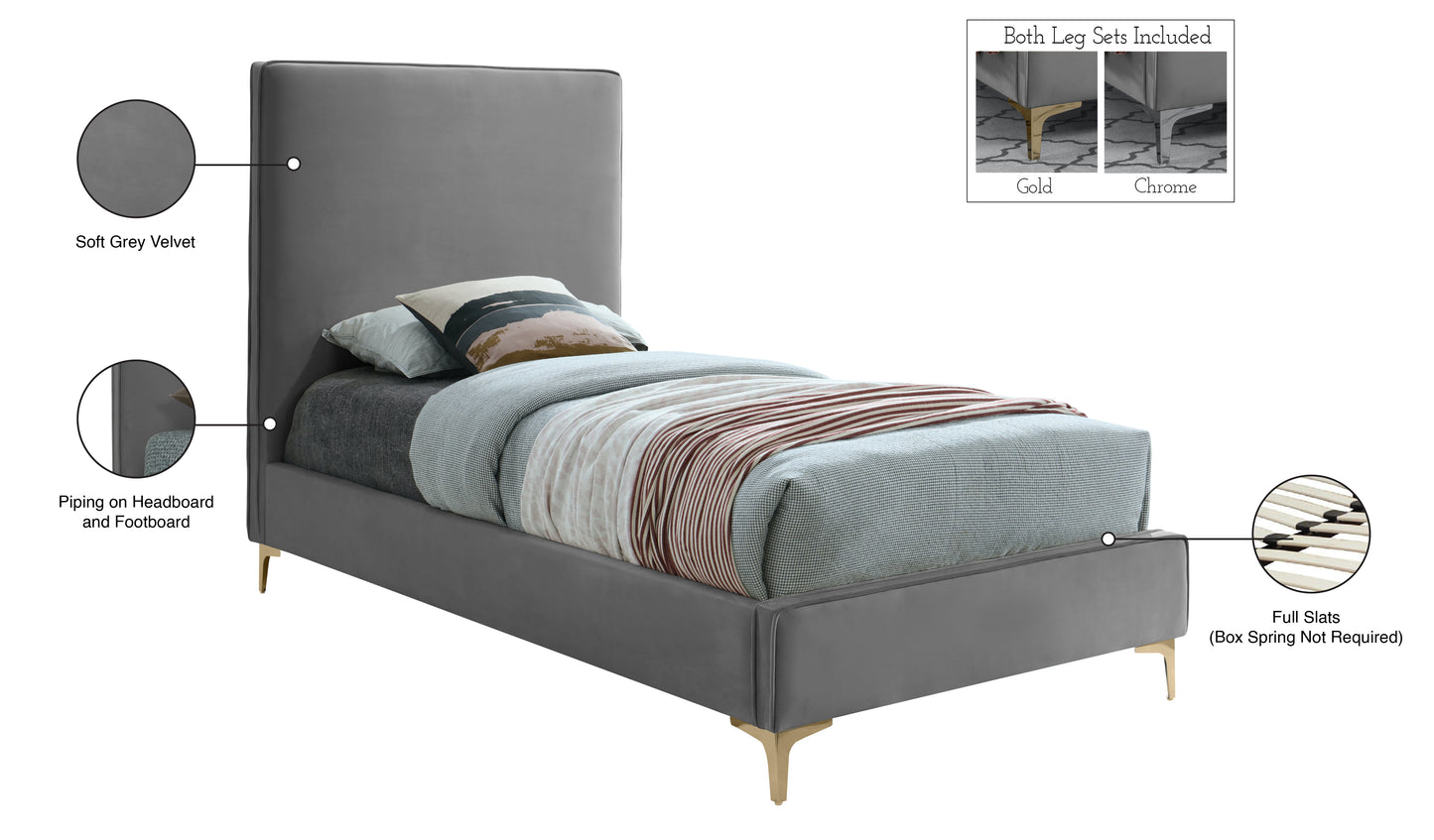 finley grey velvet twin bed t