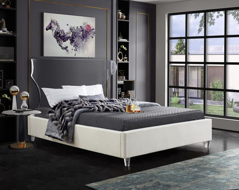 Orla Cream Velvet Upholstered Queen Bed, 1 Piece