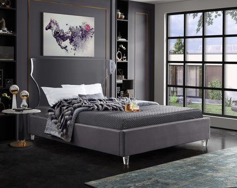 Orla Grey Velvet Upholstered Queen Bed, 1 Piece