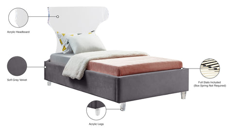 Orla Grey Velvet Upholstered Twin Bed, 1 Piece
