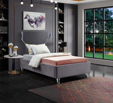 Orla Grey Velvet Upholstered Twin Bed, 1 Piece