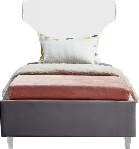 Orla Grey Velvet Upholstered Twin Bed, 1 Piece
