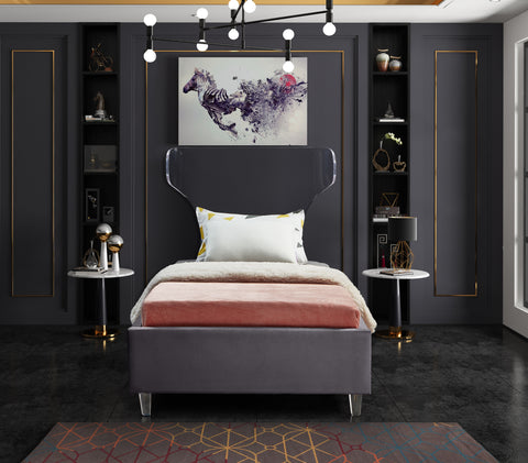 Orla Grey Velvet Upholstered Twin Bed, 1 Piece