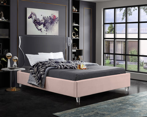 Orla Pink Velvet Upholstered Queen Bed, 1 Piece