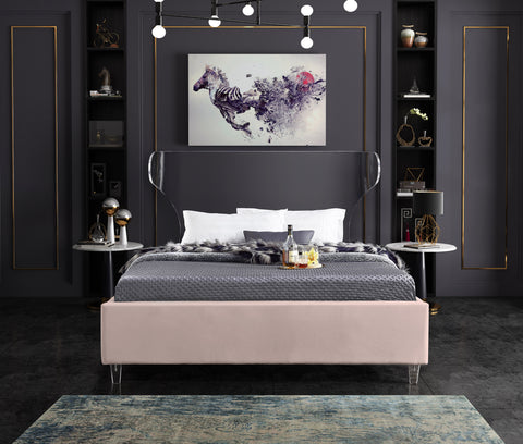 Orla Pink Velvet Upholstered Queen Bed, 1 Piece
