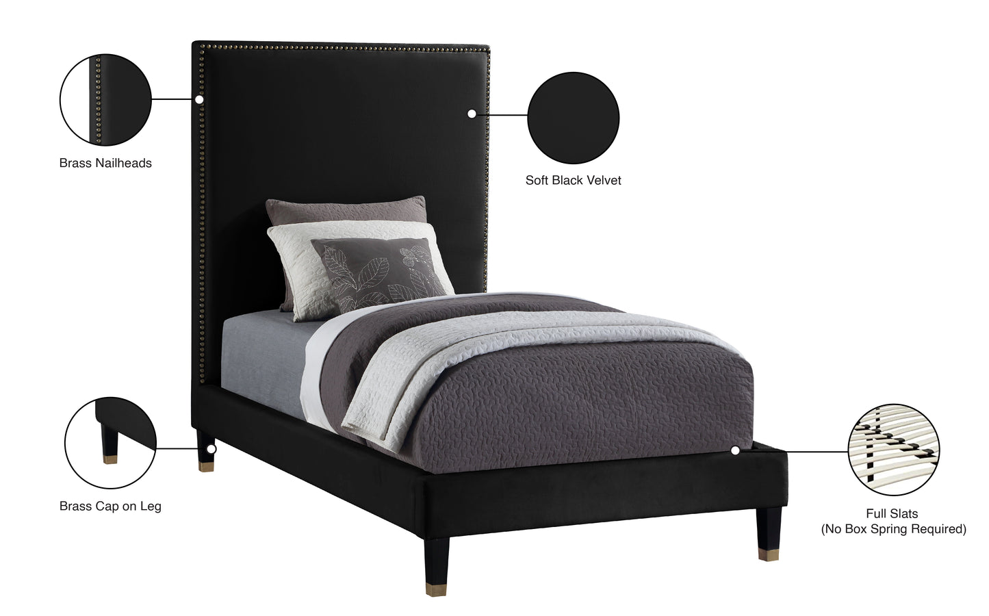 arden black velvet twin bed t