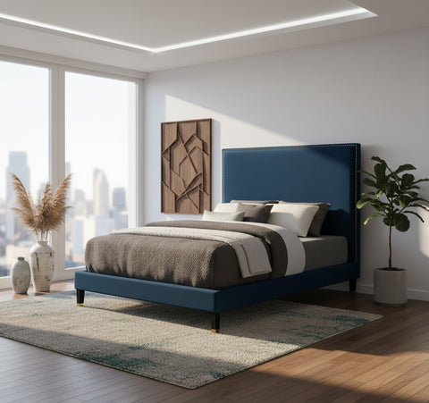 Blaire Navy Velvet Upholstered Full Bed, 1 Piece