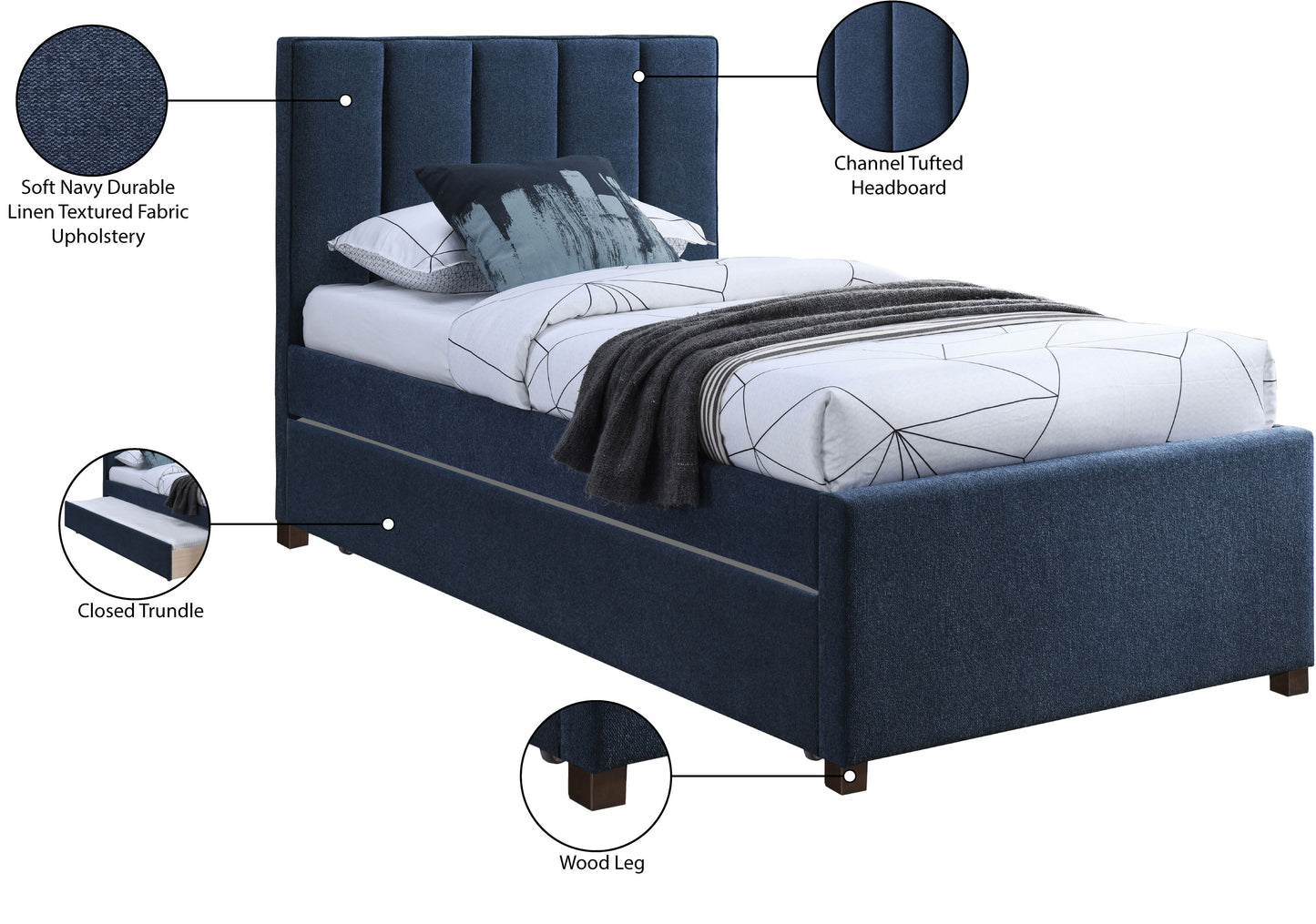 nadia navy linen textured fabric twin trundle bed t