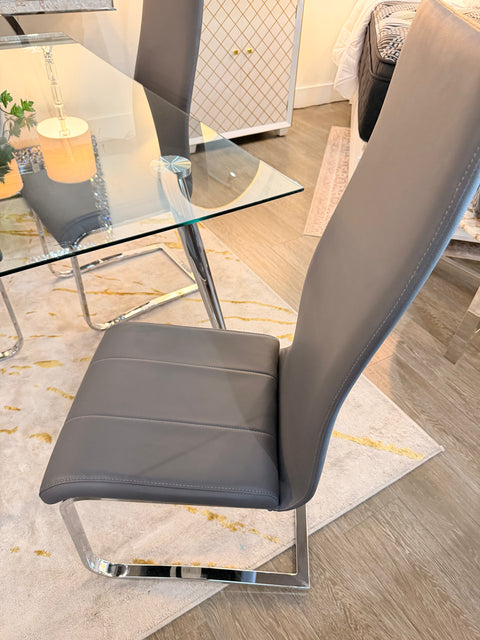 Modern 5-Piece Glass Dining Set with Gray Leatherette Chairs & Chrome Base – Showroom Clearance