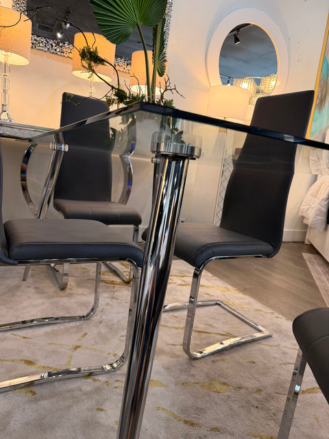 Modern 5-Piece Glass Dining Set with Gray Leatherette Chairs & Chrome Base – Showroom Clearance