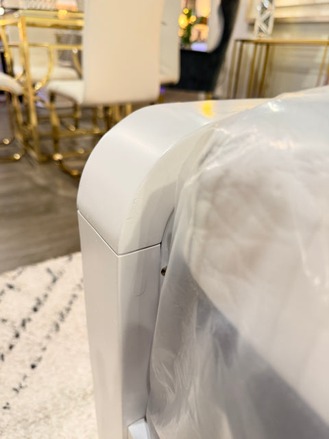 Luxury White Solid Wood Bed with Cream Bouclé Upholstered Panels – Showroom Clearance