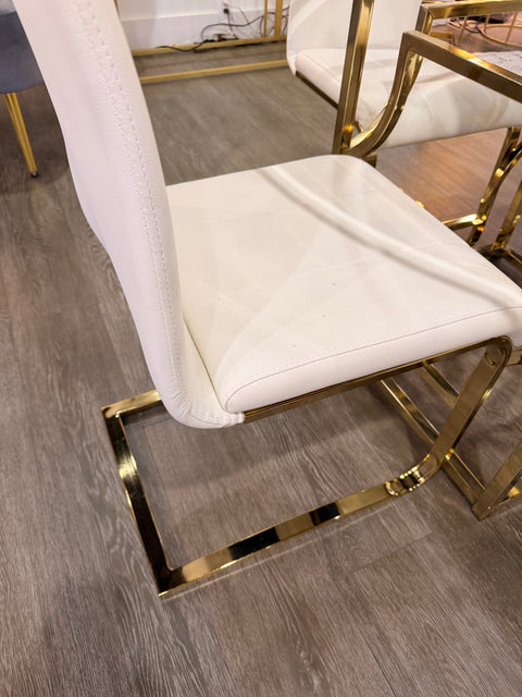 Modern 5-Piece 48" Round Glass Dining Set with White Leatherette Chairs & Gold Chrome Base – Showroom Clearance