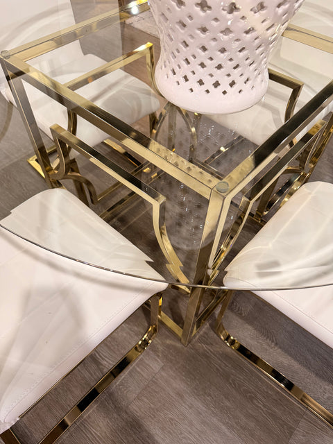Modern 5-Piece 48" Round Glass Dining Set with White Leatherette Chairs & Gold Chrome Base – Showroom Clearance