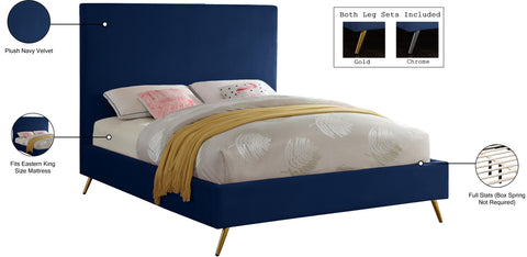 Faye Navy Velvet Upholstered King Bed, 1 Piece