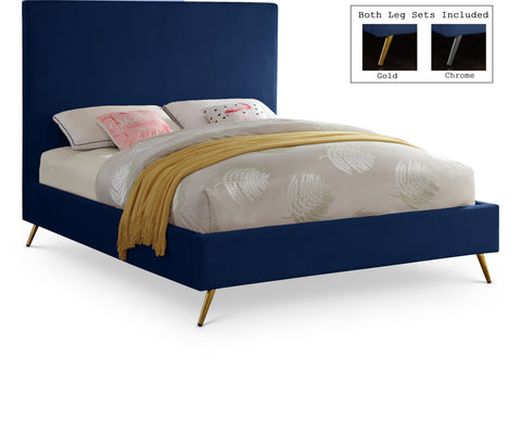 Faye Navy Velvet Upholstered King Bed, 1 Piece