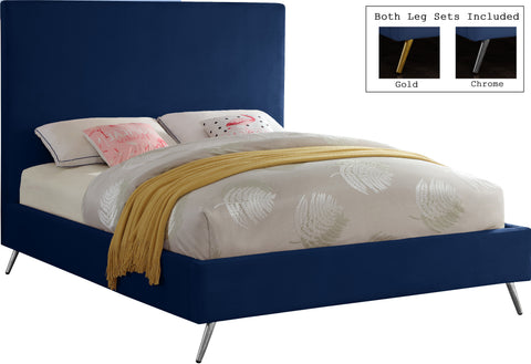 Faye Navy Velvet Upholstered King Bed, 1 Piece