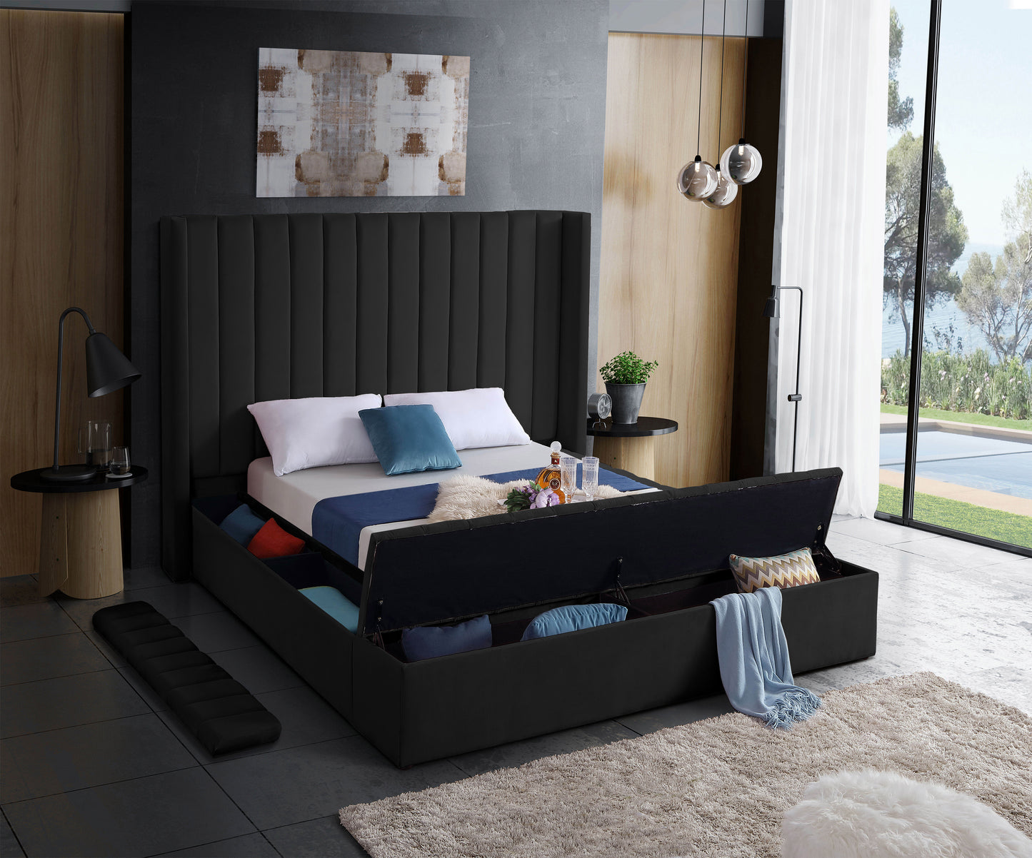 heathrow black velvet queen bed (3 boxes) q