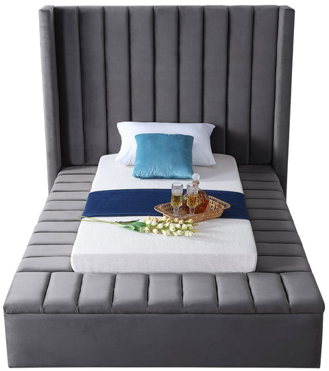 Heathrow Grey Velvet Twin Bed (3 Boxes) T