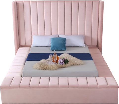 Noelle Pink Velvet Upholstered King Bed, 1 Piece