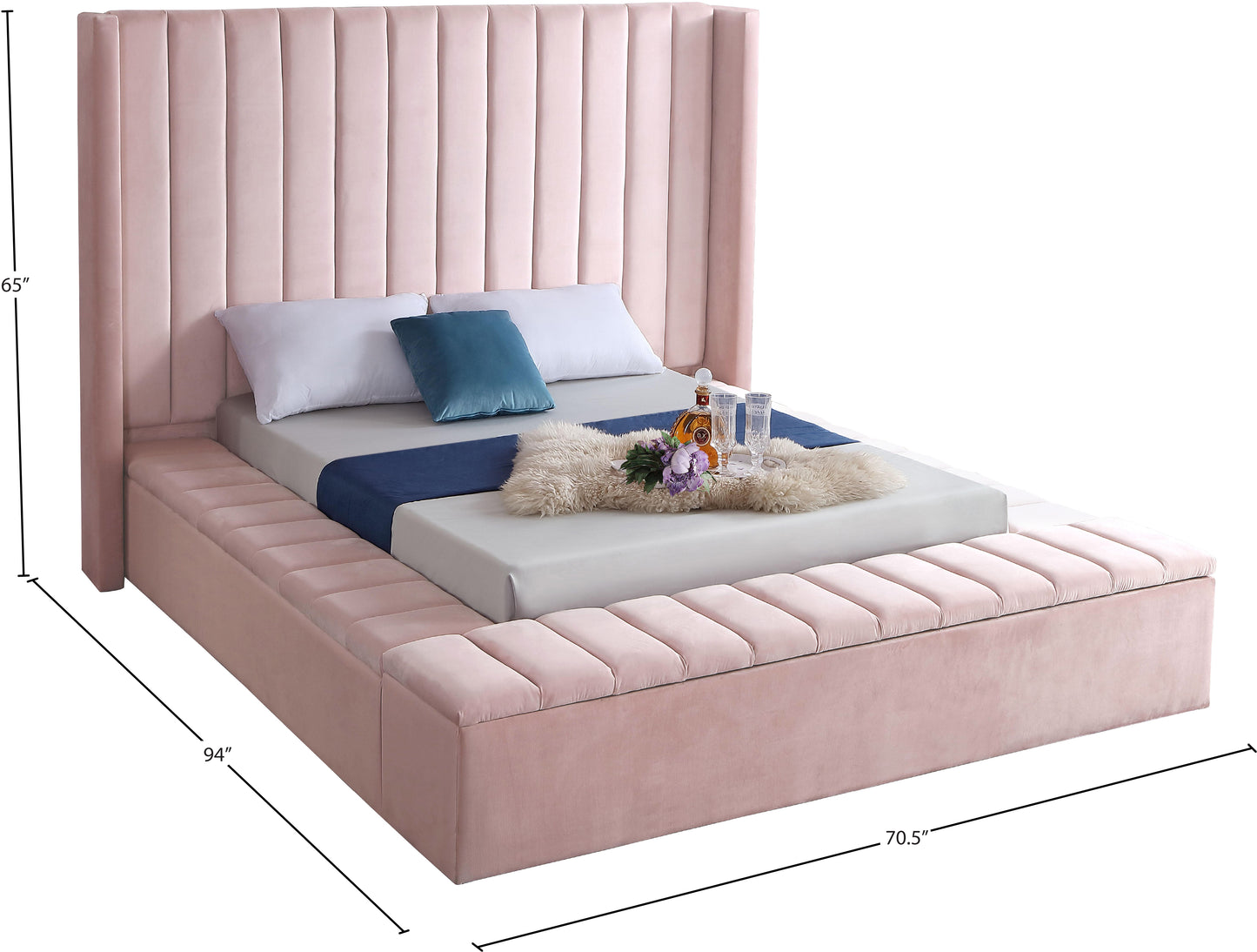 heathrow pink velvet queen bed (3 boxes) q