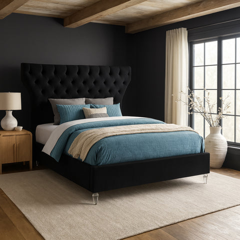 Iris Black Velvet Upholstered Queen Bed, 1 Piece