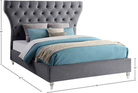 Iris Grey Velvet Upholstered King Bed, 1 Piece