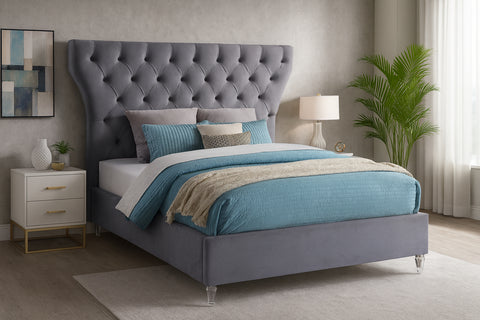 Iris Grey Velvet Upholstered King Bed, 1 Piece