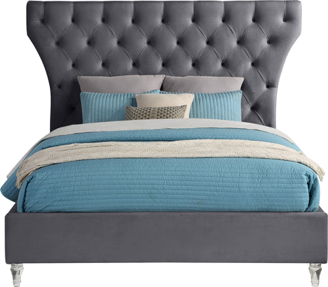 Iris Grey Velvet Upholstered King Bed, 1 Piece
