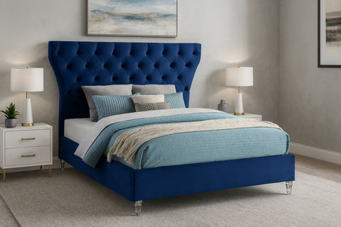 Iris Navy Velvet Upholstered King Bed, 1 Piece