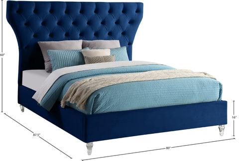 Iris Navy Velvet Upholstered Queen Bed, 1 Piece