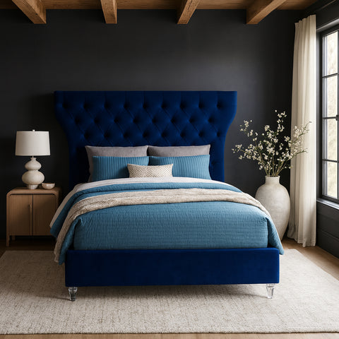 Iris Navy Velvet Upholstered Queen Bed, 1 Piece