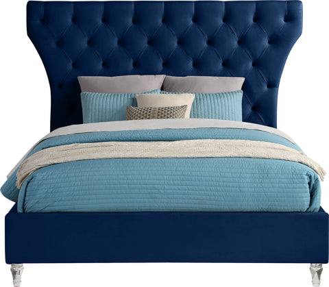 Iris Navy Velvet Upholstered Queen Bed, 1 Piece