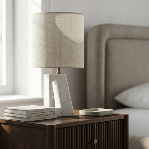 Farrah White Genuine Marble Base And Linen Textured Fabric Shade Table Lamp, 1 Piece