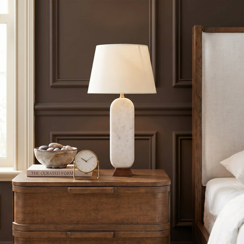 Reese White Genuine Marble And Mango Wood Base With Linen Textured Fabric Shade Table Lamp, 1 Piece