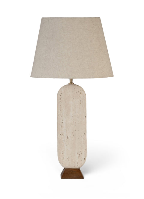 Reese Travertine Travertine And Walnut Wood Base With Linen Textured Fabric Shade Table Lamp, 1 Piece