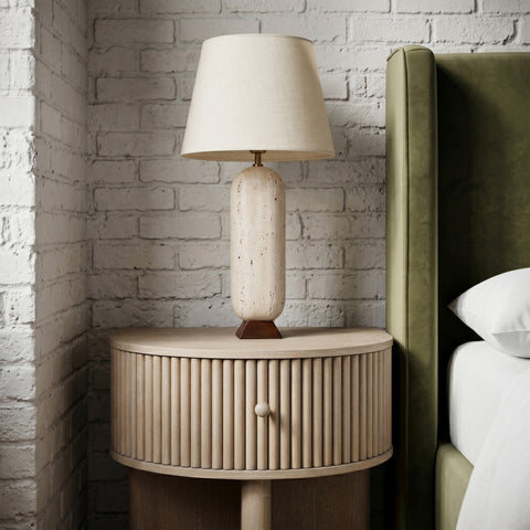 Reese Travertine Travertine And Walnut Wood Base With Linen Textured Fabric Shade Table Lamp, 1 Piece
