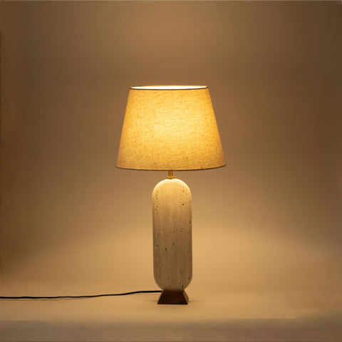Reese Travertine Travertine And Walnut Wood Base With Linen Textured Fabric Shade Table Lamp, 1 Piece