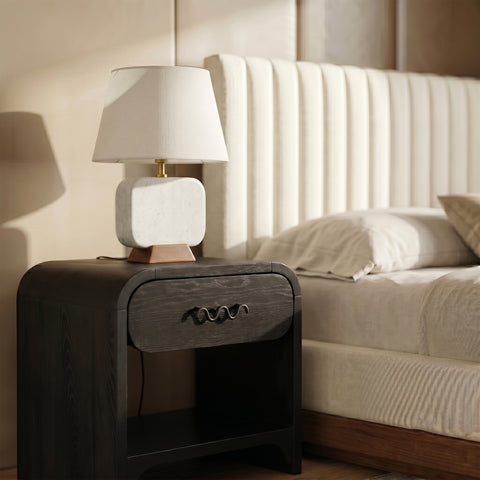 Reese White Genuine Marble And Mango Wood Base With Linen Textured Fabric Shade Table Lamp, 1 Piece (Style 2)