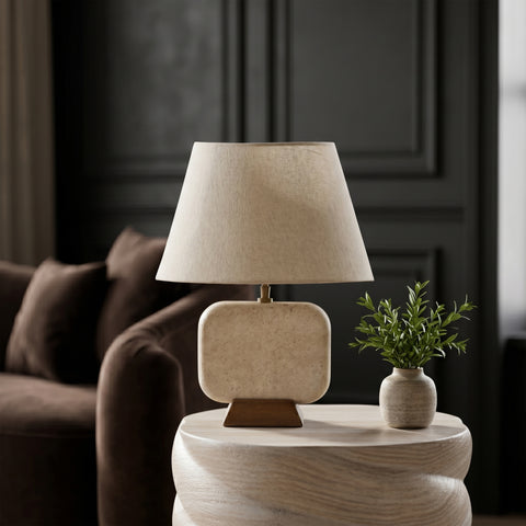 Reese Travertine Travertine And Mango Wood Base With Linen Textured Fabric Shade Table Lamp, 1 Piece