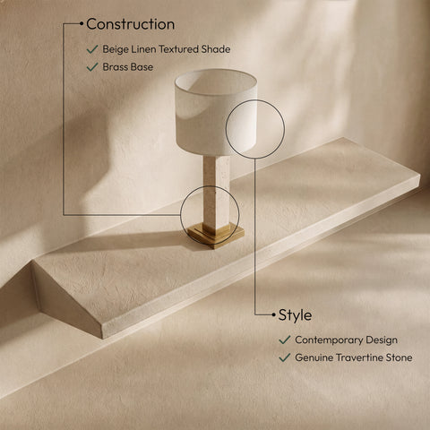 Linden Travertine Travertine, Linen Textured Fabric And Brass Table Lamp, 1 Piece