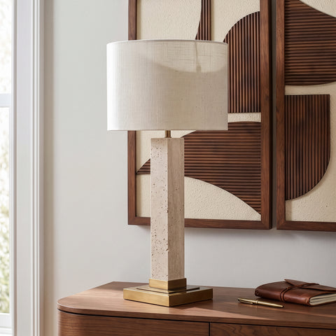 Linden Travertine Travertine, Linen Textured Fabric And Brass Table Lamp, 1 Piece