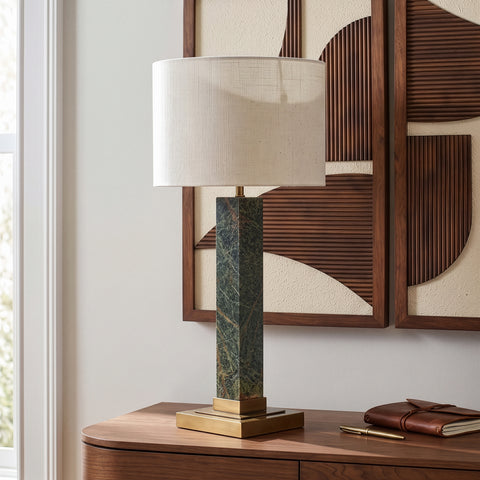 Linden Green Genuine Marble, Linen Textured Fabric And Brass Table Lamp, 1 Piece