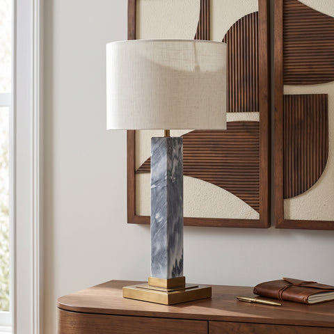 Linden Grey Genuine Marble, Linen Textured Fabric And Brass Table Lamp, 1 Piece
