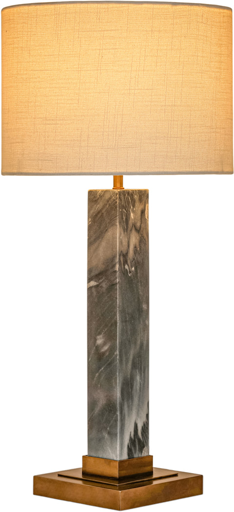 Linden Grey Genuine Marble, Linen Textured Fabric And Brass Table Lamp, 1 Piece