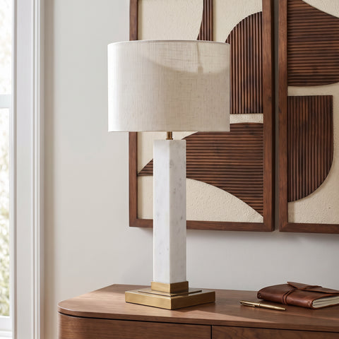 Linden White Genuine Marble, Linen Textured Fabric And Brass Table Lamp, 1 Piece