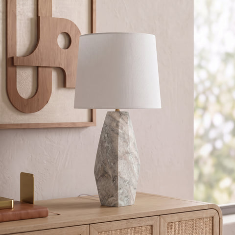 Yara Brown Genuine Marble And Linen Textured Fabric Table Lamp, 1 Piece